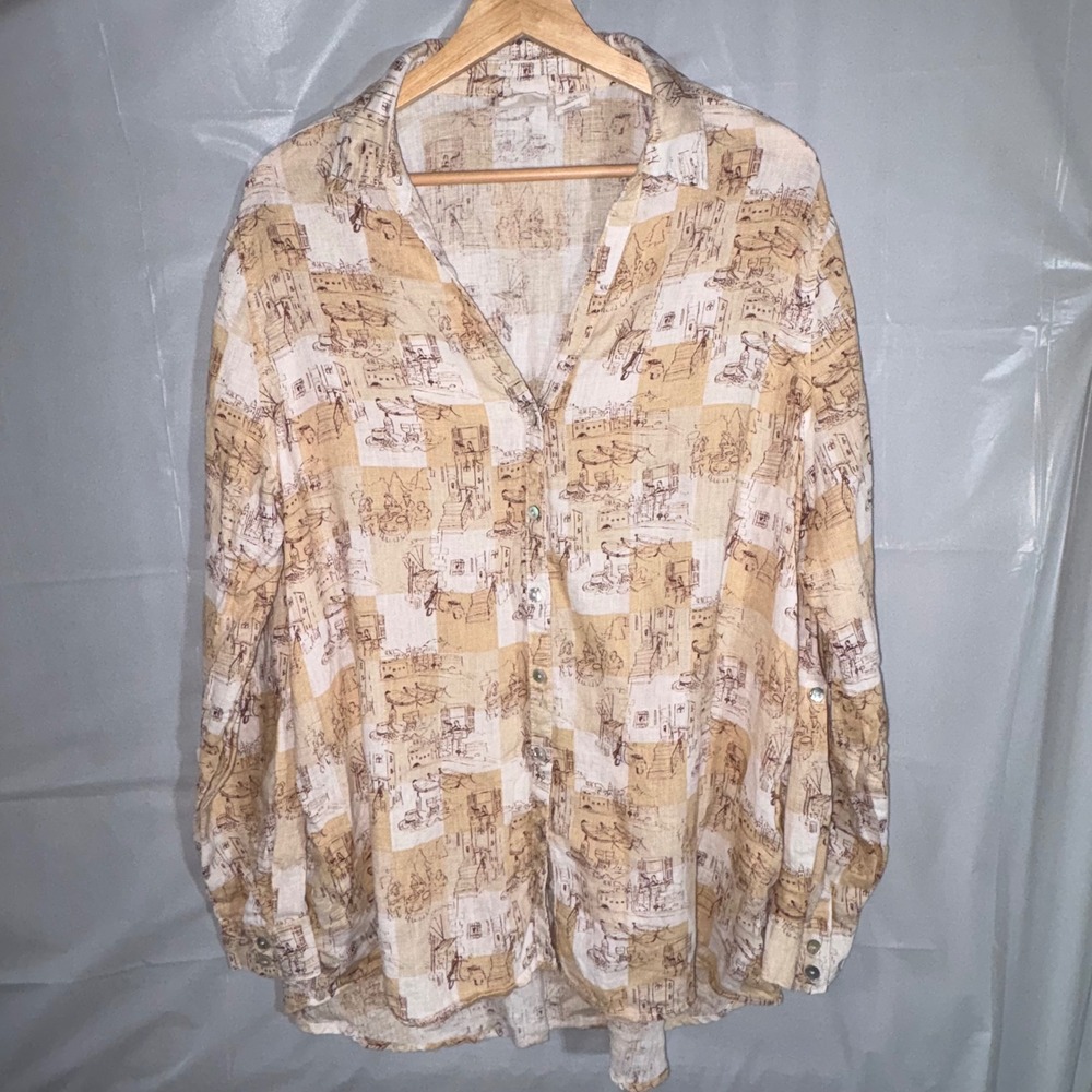 C&C California Women XL Linen Button Down Shirt Toile Village Print Tan Cream
